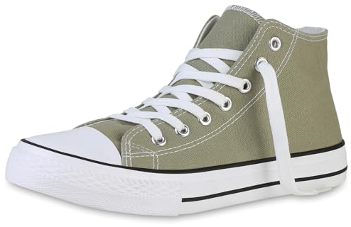 VAN HILL Damen Sneaker High Bequeme Stoffschuhe Flache Basic Schnürschuhe Flats Schuhe Schnürer Freizeitschuhe 203927 Olivgrün 38