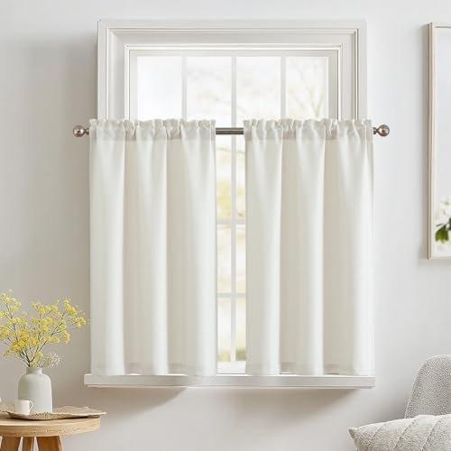 TOPICK Küchengardinen Modern Bistrogardine Blickdicht Kurze Fenster Gardinen für Badezimmer Bauernhaus Wohnzimmer Tunnelzug 2er Set,Elfenbeinweiß,70 B x 60 H (cm)