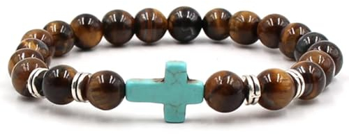 Wycian Armband Damen Zart, Armkettchen Damen Kreuz Perlen Tigerauge Kristall Himmelblau Metalllegierung Kreuzen 19cmx8mm 1er Naturstein für Neujahr
