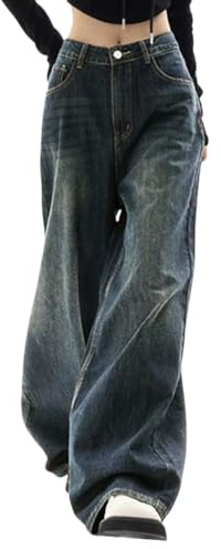 EMMIOL Jeans for Women Wide Leg Baggy Jeans Y2K Casual Loose Boyfriends Trousers Vintage Streetwear Black,S