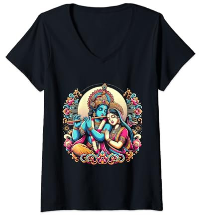 Damen Herr Shri Krishna Radha Rani Radhika Krishna Liebhaber Devo T-Shirt mit V-Ausschnitt
