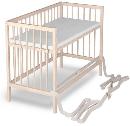 Sämann Baby Beistellbett 60x120 cm mit Matratze - nutzbar von 0 bis 4 Jahre - rollbar & umbaubar zum Babybett - Gurtsystem & höhenverstellbar für alle Betten - Natur