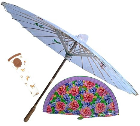Planta Color Sombrilla Parasol de Mano Estilo Chino-Japonés Tradicional – Ligera y Portátil, Protección Solar Efectiva para el Verano. (Blanco)