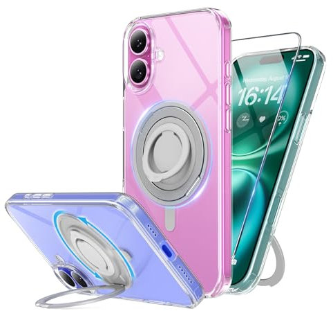 SURPHY Design for iPhone 16 Plus Case, with 360° Rotatable Magnetic Stand & Finger Ring, Crystal Clear Phone Case for iPhone 16 Plus 6.7 inch 2024, Clear