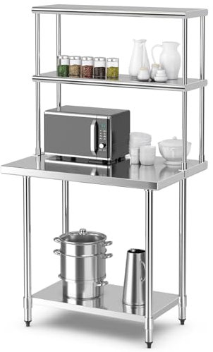 COSTWAY Arbeitstisch Edelstahl mit Aufsatzboard, Edelstahltisch mit Höhenverstellbarer Ablage, Küchentisch bis 617 kg, Zubereitungstisch Gastro Tisch, für Küche Restaurant, Silber (91x61x171cm)