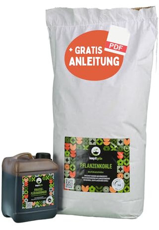 Pflanzenkohle Starterset - mit organischem Dünger zum Aufladen | Set aus Pflanzenkohle und Flüssigdünger - einfach zusammenmischen | Bodenaufwerter wirkt über 1.000 Jahre (7kg Pflanzenkohle Set)