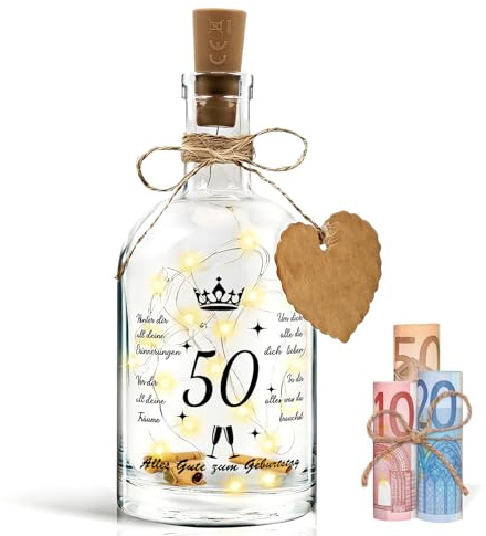 Led Flaschenlicht mit Spruch, Beleuchtete Flaschen, Geschenk 50 Geburtstag Mann und Frau, Geldgeschenke Geburtstag, Led Flaschenlicht 50. Geburtstag mit Korken, Flaschenpost, Geschenk für Weihnachten