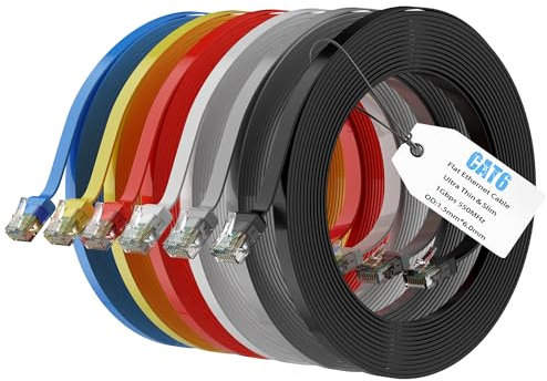Mygatti Cavo Ethernet Cat 6 piatto-0.5 metri-6 pezzi-multicolore,CAT6 Gigabit Internet,Cavo di Rete patch Cat6,Nucleo in Rame Puro Alta velocità Cavo RJ45,per modem,router,computer+ 25 fascette