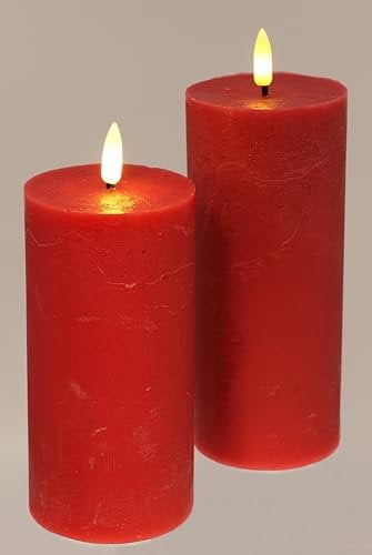 LED Kerzen-Set aus Echtwachs 2er Set mit Timer elektrische flackernd Warmweiß Lichter Dekoration Stumpenkerze große Adventskerzen Adventskranz Kranz Valentinstag geruchslos tropflos flammenlos, rot
