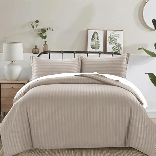 PRIME LINENS 4 Piece Duvet Cover Set Stripes Satin Quilt Cover Bedding Set with Pillowcase and Extra Fitted Sheet Included Machine Wash Hotel Quality (Mink, Super King)