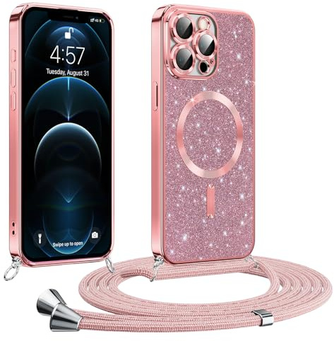 Phoona Glitter Cover per iPhone 12 Pro Max 6,7 con Cordino, Antiurto Silicone Protezione, Compatibile con MagSafe Cover con Cordino, Anti Graffi, Non Ingiallente, Rosa
