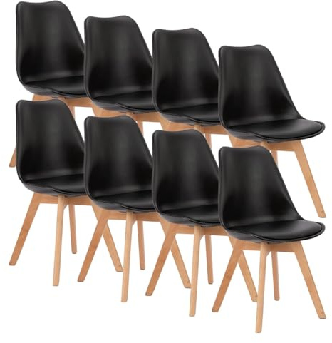 OLIXIS Dining Chairs Set of 8 Kitchen Mid Century Modern Chairs with Wood Legs and PU Leather Cushion for Living Room Bedroom Outdoor Lounge, Black