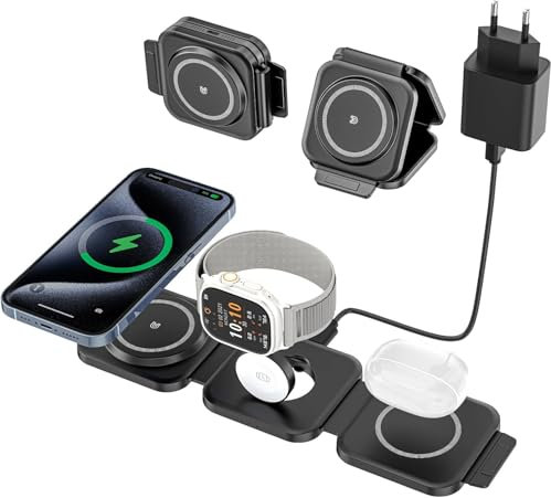 Mag-Safe Wireless Charging Station for iPhone, 3 in 1 Foldable Wireless Charger Compatible with iPhone 14, 13, 12, 11 Pro Max Plus, Travel Charging Station for Apple Watch and AirPods