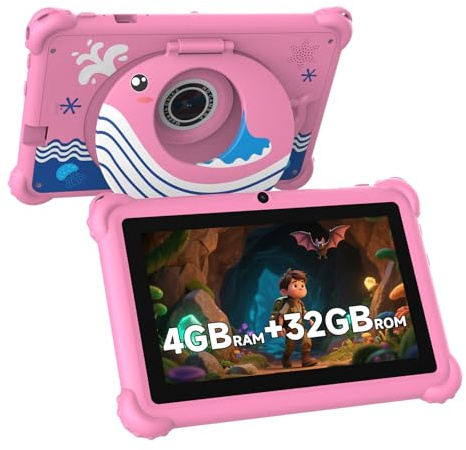 Aheadthink 7-Zoll-Kinder-Tablet für Kleinkinder, Android 12, 4 GB RAM, 32 GB ROM, WLAN, Bluetooth, sicherer Augenschutz IPS-Bildschirm, Kindersicherung, Dual-Kamera, transparente Hülle für Bildung und
