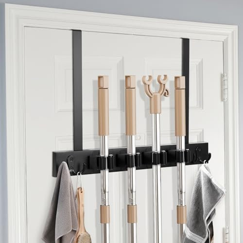 ZONJIE Broom Holder Wall Mounted, Over the Door Brooms Mop Holder, 5 Holders and 4 Hooks, Heavy Duty Broom Gripper Brush Holders Utility Room Storage Solutions