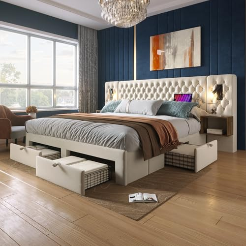 Generisch TOBIDOEN Polsterbett 180 × 200 cm, Bettanlage Schlafzimmer Komplett Set, Doppelbett mit 2 Nachttischen und 4 Schubladen, Kopfteil mit Versatility Assist, Ohne Matratze, Samt, Beige
