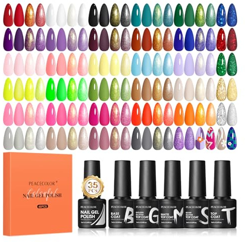 PEACECOLOR 40pcs Vernis Semi Permanent, 35 Couleurs Vernis à Ongles Rose Vert Pourpre Rouge Blanc avec 5pcs Base Top Coat Vernis Gel UV Semi Permanent Kit Nail Art Cadeaux pour Femmes