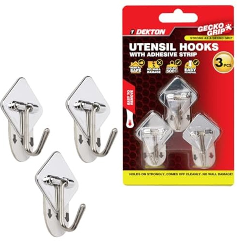 Dekton Geckogrip Utensil Hooks 3pc Chrome - Strong Adhesive Wall Hooks, Rental Safe, Holds up to 500g, Easy to Apply & Remove - Ideal for Kitchen Utensils & Household Storage