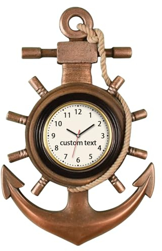 VWCSDSCS Reloj de pared personalizado con ancla náutica, texto personalizado, rueda de barco, timón, decoración de timón, reloj colgante de pared para propietario de barco, regalos de barco