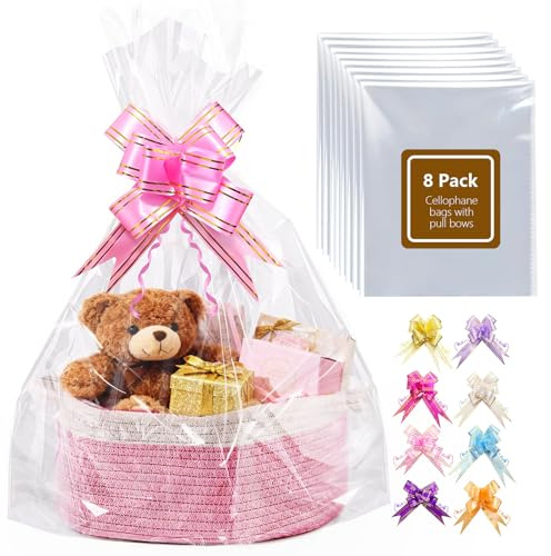 Boensi 8 Pack 60x75cm Large Cellophane Gift Bags with Pull-Tie Bows - for Easter, Christmas, Birthday Gift Baskets & Hampers