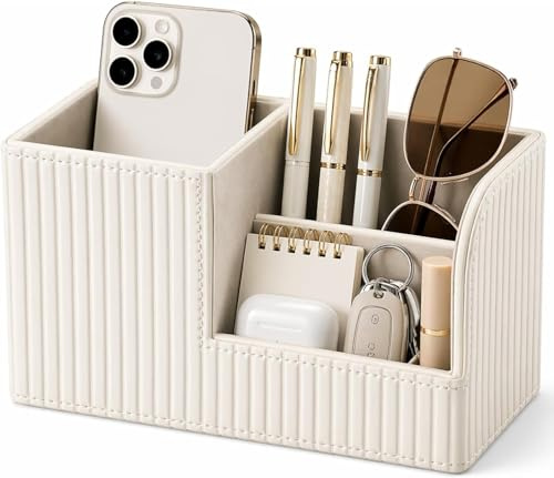 KINGFOM Stifte Organizer, PU Leder Stiftehalter Schreibtisch Mit 3 Taschen, Stiftebox Stifteköcher, Schreibtisch Organizer Stifte für Büro/Zuhause (Cremeweiß)