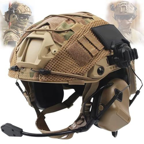 Tactical Combat Helmet Set with Cover, Military Communication Headset & Mic - Airsoft Fast Protective Gear for Hunting, CS & CQB Outdoor Games