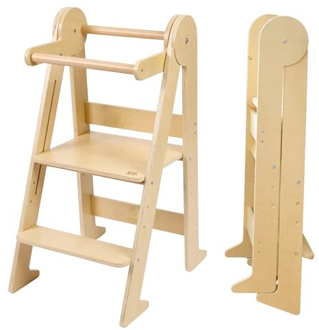 Teedum Montessori Lernturm klappbar – Massivholz, belastbar bis 80 kg – 3 verstellbare Höhen – Kippschutz und abgerundete Ecken – Fördert Selbstständigkeit und Motorik – Ab 12 Monaten
