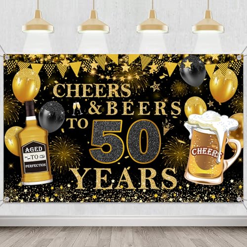 50th Birthday Decorations Party Banner - Black and Gold Happy Birthday Backdrop for Women and Men, 5.9x3.6ft Fabric Sign Poster for 50-Year-Old Party Supplies