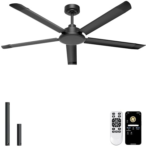 Ohniyou Ventilatore da soffitto 152 cm senza luce, Ventilatore da soffitto industriale da grande con telecomando/app, 5 pale in alluminio, motore DC silenzioso per terrazza, soggiorno e garage, nero