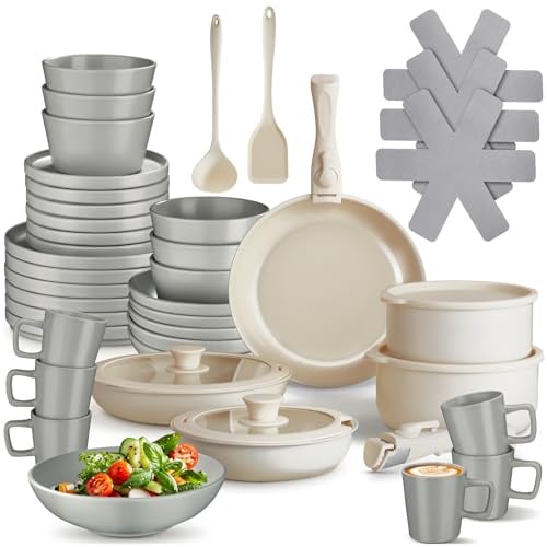 tectake® Küchenstarterset 6 Personen, Steingut Geschirr Set, Teller, 3 Pfannen, 2 Töpfe, rostfreies Aluminium, Kochtopf Set, Töpfe Set, kratzfest, inkl. 5 Küchenwerkzeuge - grau/weiß, 46-tlg.