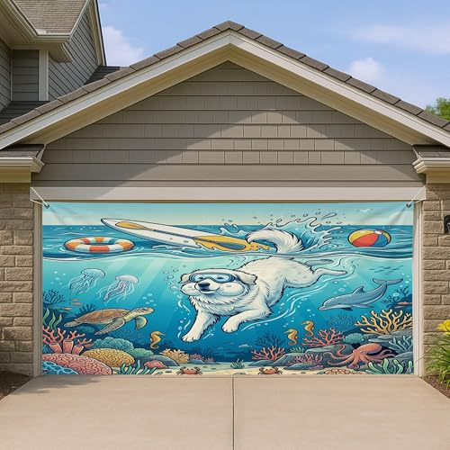 1,8 x 4 m Ozean große Pyrenäen Hund Tauchen Garagentor Banner Abdeckung Sommer Welpe Meer Küste Bad Indoor Outdoor Wandkunst Aufkleber Dekor, Unterwasserfotografie Foto Hintergrund hängen