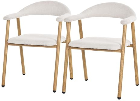 ML-Design Esszimmerstühle 2er Set mit Armlehne, Küchenstühle Beige, Wohnzimmerstühle mit Rückenlehne, Polsterstühle mit Webstruktur & Stahlgestell-Holzoptik, Ergonomische Sessel für Wohnzimmer & Küche
