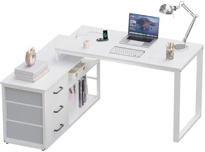 JUMMICO Eck-Schreibtisch mit 3 Schubladen, 140 x 105 cm, klappbarer L-förmiger Schreibtisch, ausgestattet mit Steckdose und USB-Ladeanschluss, Stauraum, geeignet für das Homeoffice,Weiß