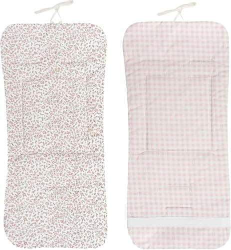 Colchoneta Silla Paseo Universal Verano Funda Carrito Bebe 100% Algodon Transpirable Reversible Apta Silla Inglesina Suave Carro Bebe Altura Ajustable Hombros y Cintura Antideslizable (Flores Rosa)