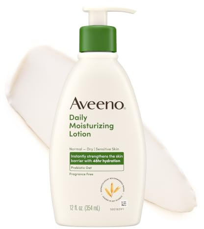 Aveeno Daily Moisturizing Body Lotion with Soothing Prebiotic Oat, Gentle Lotion Nourishes Dry Skin With Moisture, Paraben-, Dye- & Fragrance-Free, Non-Greasy & Non-Comedogenic, 12 fl. Oz