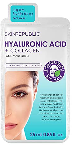 Skin Republic Hyaluronic Acid + Collagen Sheet Mask Clinically Proven to Provide 48-Hours of Long-Lasting Hydration. Made in Korea.