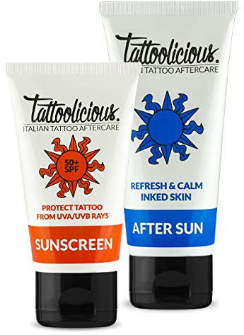 Tattoolicious COMBO SUN - SUNSCREEN 50+SPF, La Protection solaire pour tatouage 75 ml + AFTER SUN, La Crème après-soleil pour tatouage, 100 ml - Anti-âge, avec ingrédients actifs biologiques.