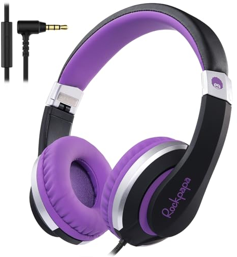 RockPapa I20 Kopfhörer Kinder Schule, Kinder Kopfhörer mit Kabel für Mädchen Junge, HD Mikrofon, Faltbare, kopfhörer Klinke 3.5 mm für Handy,Tablet,PC, Schwarz Violett
