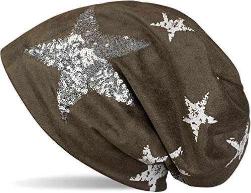 styleBREAKER Cuffia Beanie in Pelle Scamosciata con Paillettes, Stella e Stampa Vintage a Stella all Over, Morbidissimo Rivestimento Interno in Pile, Unisex 04024098, Colore:Oliva