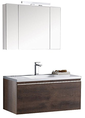 StoneArt Badmöbel-Set mit Mineralguss Waschbecken und Unterschrank und LED Spiegelschrank Waschtisch als Einzel- oder Doppelwaschbecken Milano ME-1000-1 Eiche dunkel 100cm