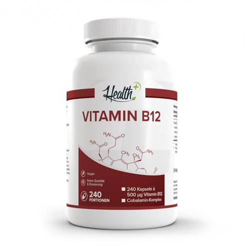 B01N3CYYEX– Health+ Vitamin B12 - 240 Kapseln, hochdosierte Vitamin Kapseln mit 500 mcg Cobalamin-Komplex, Nahrungsergänzungsmittel, Made in Germany
