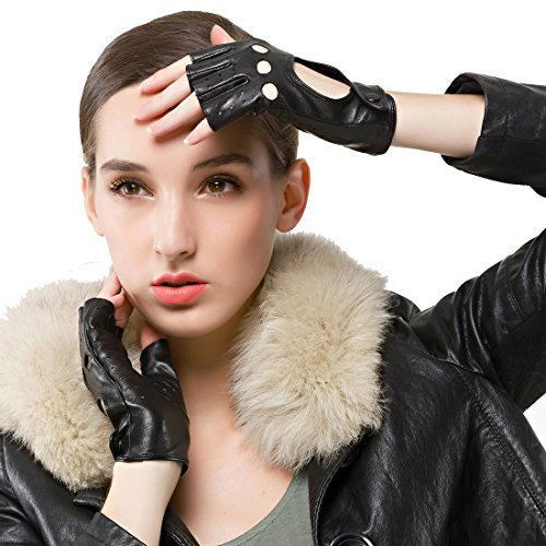 Nappaglo Damen klassisch Halbfinger Lederhandschuhe für fahren Fingerlose Lammfell Fitness Outdoor ungefüttert Handschuhe (XL (Umfang der Handfläche:20.3-21.6cm), Schwarz)
