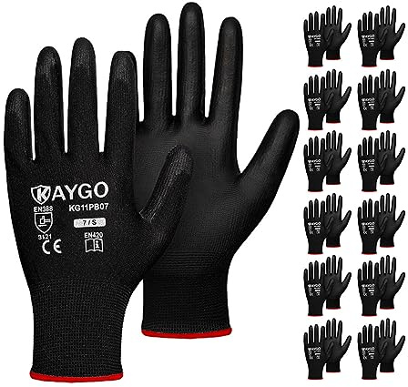 KAYGO Safety Work Gloves for Men Women, PU Coated Palm & Fingers, KG11P