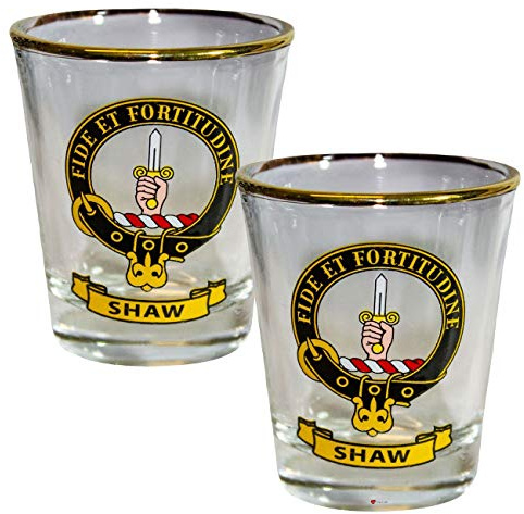 I LUV LTD Shot Glass Wee Dram Shaw Clan Crest Set of 2 Whisky Tots