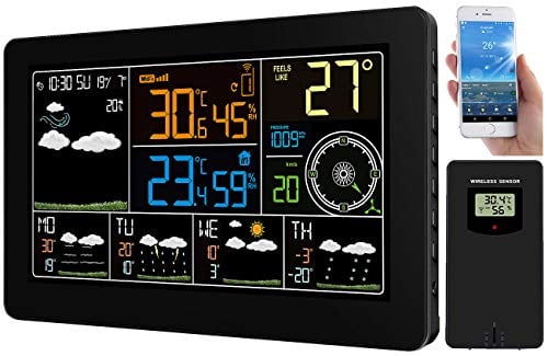 infactory Zimmer Wetterstation: WLAN-Funk-Wetterstation, Außensensor, 5 Tage Wettertrend, Color, App (Wetterstation 5 Tage Vorhersage, Gewächshaus, Außensensoren)