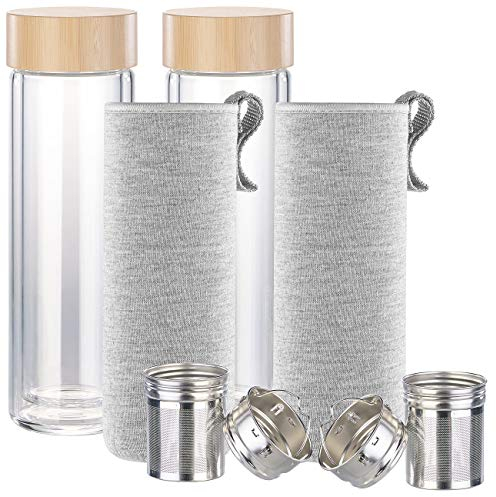 Cucina di Modena Teeflasche: 2er-Set doppelwandige Glas-Trinkflaschen mit Neopren-Hülle & Tee-Sieb (Glasflasche doppelwandig, Isolier-Trinkflasche, Isolierbecher)