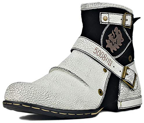 OSSTONE Chukka Stivali Cowboy Biker Boots Maschio Mens motociclo Botas cerniera su in Pelle Vitello Western retrò stile Uomo rosso marrone Piatto Caviglia Stivaletti Boots OS-5008-1-White-9-R