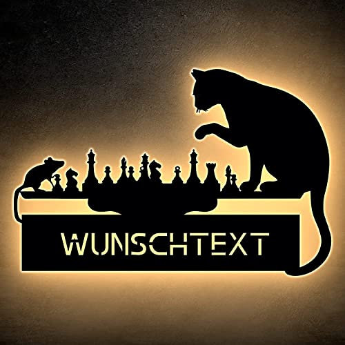 Schachspiel zwischen Katze und Maus LED Schach personalisiert mit Wunschtext Lasergravur Schlummerlicht Nachtlicht für Schlafzimmer Wohnzimmer Geschenk