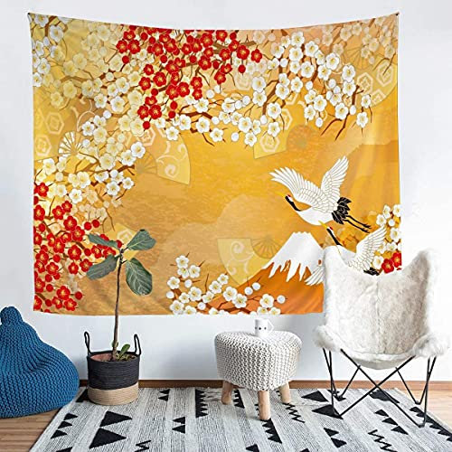 Homemissing Mädchen Kirschblüten Wandbehang Japanischer Stil Wandteppich 175x230cm Gelb Rot Exotischer Stil Tapisserie für Kinder Kinder Damen Schlafzimmer Dekor Blumen Blumen Wandkunst