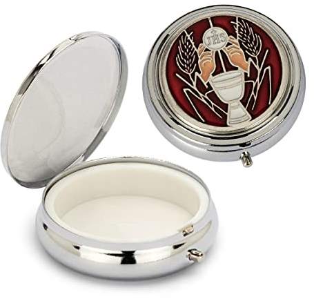 NKlaus Rosenkranz Metalletui Motiv Kelch Hostiendose Silber Rot Einsatz innen 4cm 2532